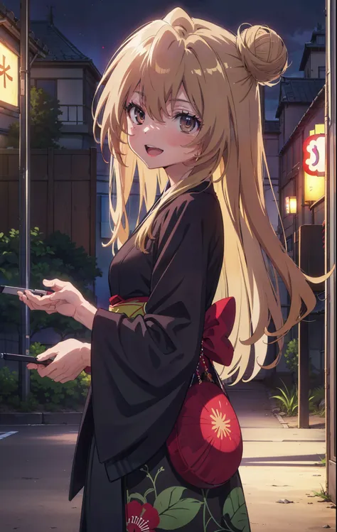 taiga aisaka, taiga aisaka, Long Hair, Brown Hair, Brown eyes,happy smile, smile, Open your mouth,Squint your eyes,Hair Bun, single  Hair Bun,Black kimono,Thick sleeves,日本のfestival,夏festivalの屋台,Red lantern,night,night空の花火,Fireworks,The place is a fireworks...