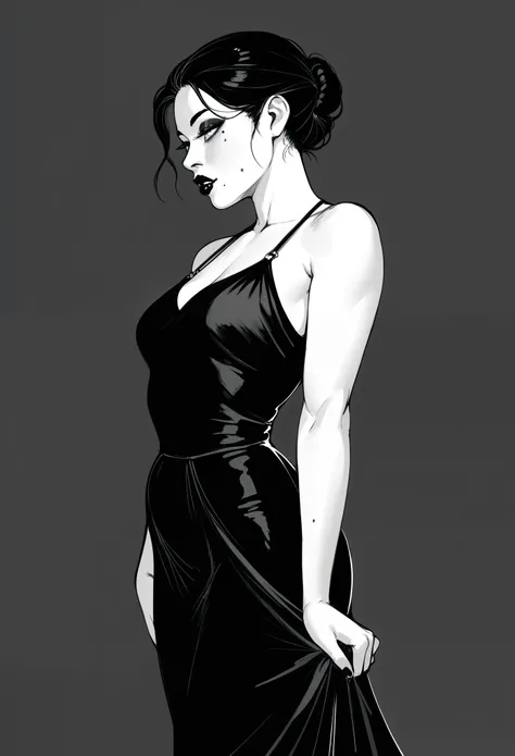 score_9, score_8_up, score_7_up, score_6_up BREAK, monochrome sp1t , 1girl,solo, slim, pale skin tone, beauty mark, dark lipstick, regal dressing, fur trimmed black dress, dark background, bun hairstyle,
