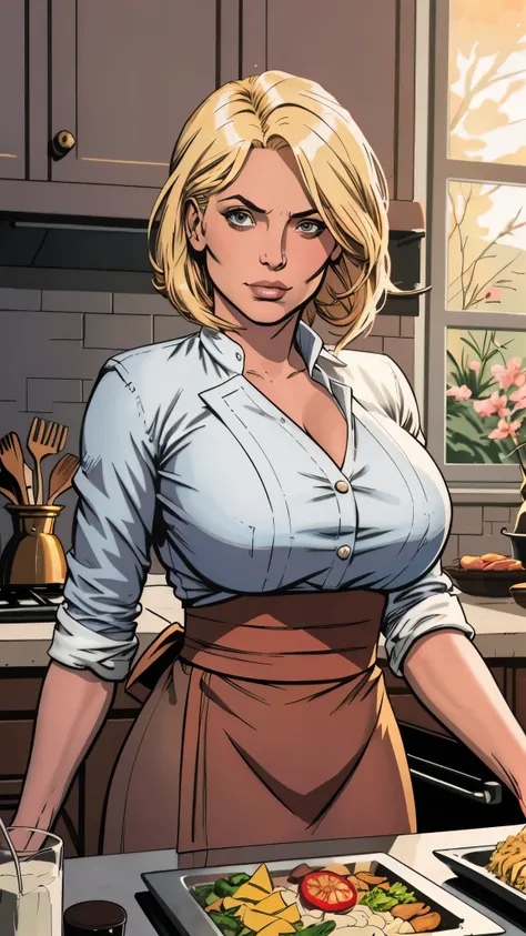 comic style, an image of a busty chef, blonde bob hair, gorgeous, in a kitchen, dawn lights, bloom, (detailed skin complexion:1....