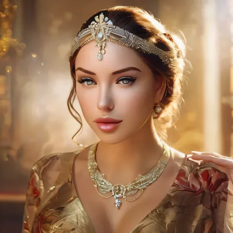 masterpiece, best quality, 1 girl, solo, laurence bedard, glossy, beautiful detailed eyes, beautiful detailed lips, extremely detailed face, longeyelashes, elegant, graceful, serene, peaceful expression, intricate jewelry, ornate headpiece, flowing dress, ...