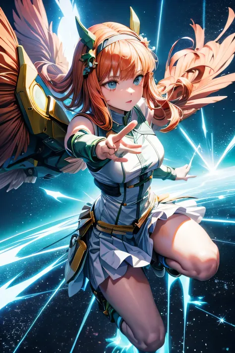 anime girl with wings in a futuristic setting, female action anime girl, (mecha wings), female action anime, (fighting stance),