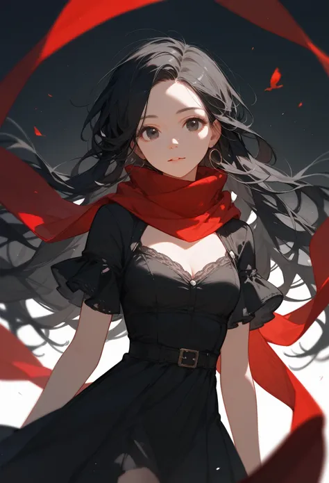 (score_9,score_8_up,score_7_up),1girl,girl, black long hair, black eyes, red scarf, ,black wool clothes,black dress,beautiful_face,