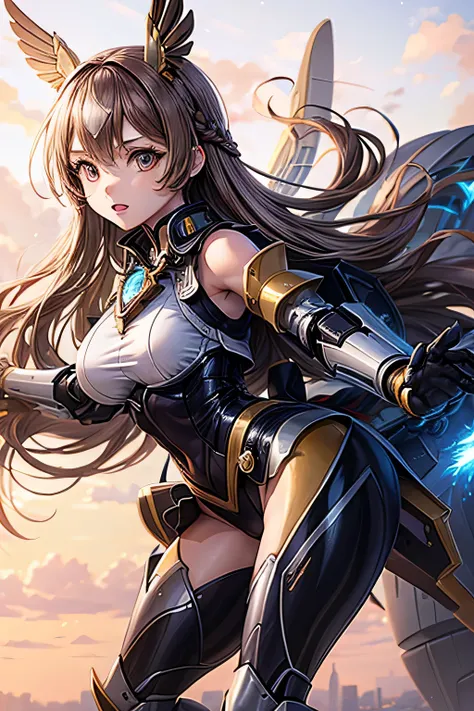 Anime girl with wings in a futuristic setting, Female Action Anime Girl, (Mecha Wings), female action anime, (fighting stance), girl, face, girl,