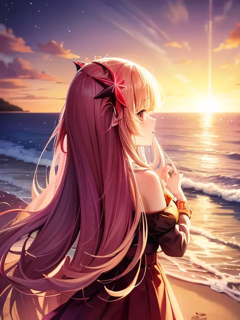 Highest quality, One girl, alone,smile, Ultra high definition, Beach,(sunset:1.1), alone, Star hair ornament, Twin Blade,Shine, From behind, Recall, huge sunset,Red float, uniform, night, wave hands, Ocean, Portraiture, masterpiece,