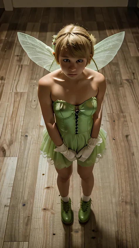 A  sad 18 year old girl wearing a green fairy costume with white wings standing on a hard wood floor shot from above as she looks at the camera. Blonde pixie cut.  Wearing green gloves and shoes. Darkened room