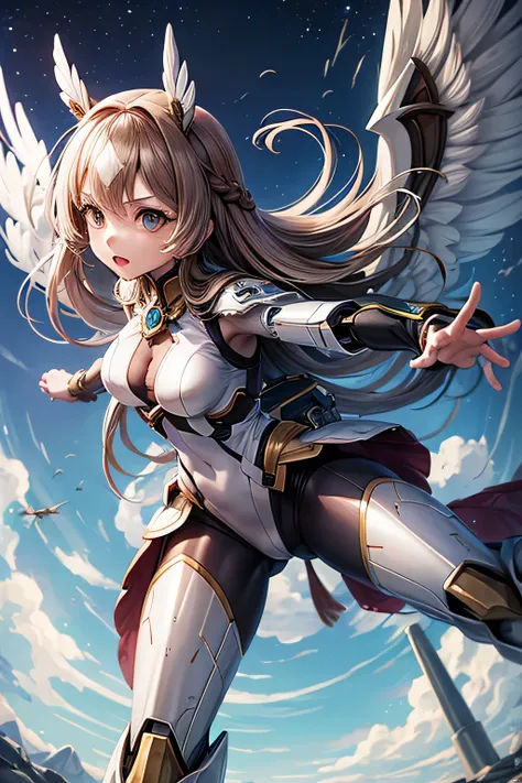 Anime girl with wings in a futuristic setting, Female Action Anime Girl, (Mecha Wings), female action anime, (fighting stance), (petite girl,child)