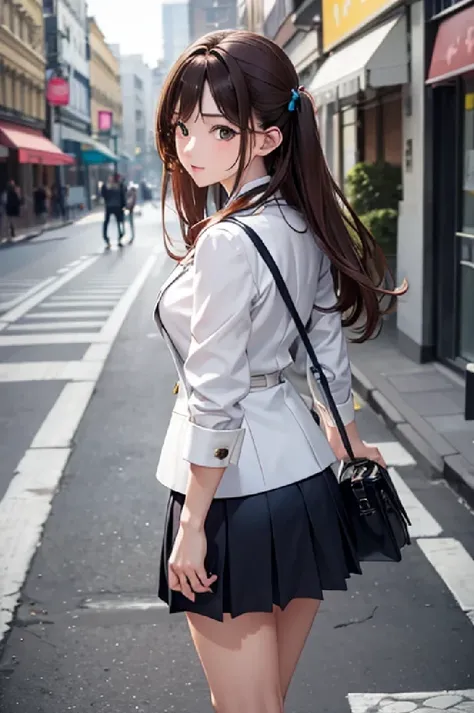 爽やかな見た目, colorful, Her shoulder pads were normal., masterpiece, Highest quality, High resolution, the young woman wears skirts and a short white jacket and holds a briefcase as she walks across the road, 1girl, solo, walking, bag, long hair, , from behind,...