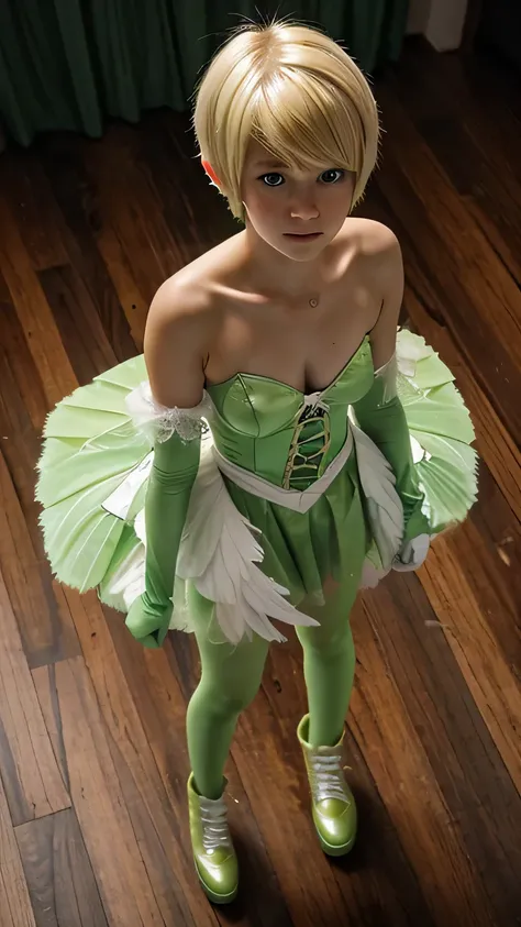 A  sad 18 year old girl wearing a green fairy costume with white wings standing on a hard wood floor shot from above as she looks at the camera. Blonde pixie cut.  Wearing green gloves and shoes. Darkened room