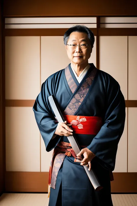 "A samurai named Sakai in a traditional Japanese home, holding a family katana."