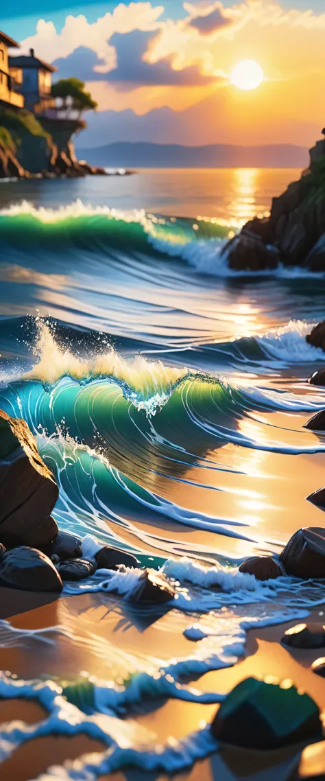 ground level shooting,a photo of the beautiful blue coast, blue coast with beautiful clean ocean splashes,SIGMA 24mm F/1.4,1/1000 sec shutter,ISO 400,golden hour time,#品質(8K,extremely detailed CG unit wallpaper, Masterpiece artwork,high resolution,top-品質,t...