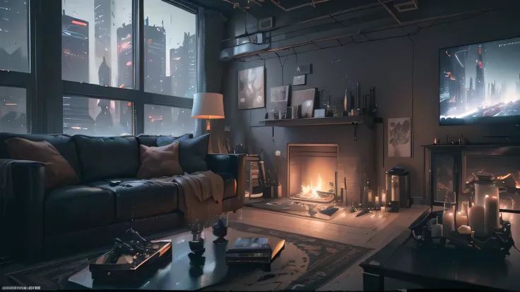 There is a living room with a sofa, Fireplace and TV, Dystopia City Apartment, Unreal Engine Rendering Concept Art, Cinematic Rendering Unreal Engine, Photorealistic cinematic rendering, Photorealistic dark concept art, Dark cinema lighting, Detailed cinem...