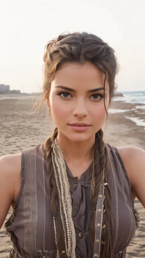 Bel apiculteur maya en tenue traditionnelle, take a leisurely stroll on the beach, complex and detailed, 30 ans, expression innocente, Long wavy hair, Brown eyes, high resolution, head of&#39;artwork, best quality, very detailed, sharpness, textured skin, ...