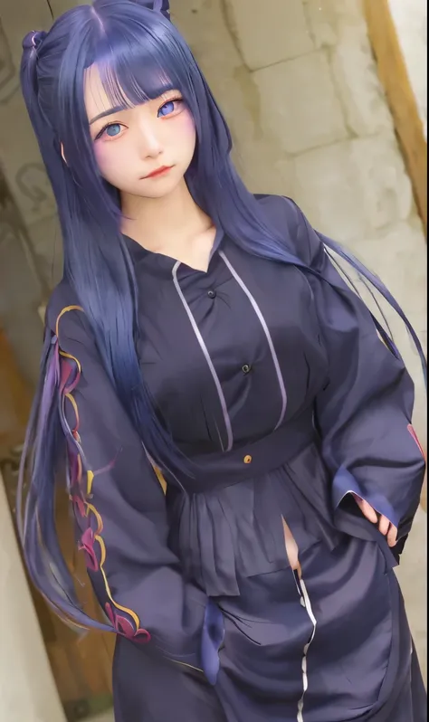 1 girl, yatsu murasaki, long waist-long indigo-blue hair, and red irises on her eyes, Realistic, Ultra Detail, 70mm lens,