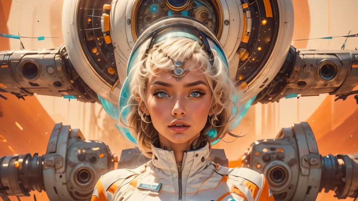 arafed image of a white woman in a futuristic suit with a spaceship in the background, movie art, in front of an orange background, inspired by Robert McGinnis, female protagonist, megastructure in the background, portrait of an ai astronaut, astronauts, a...