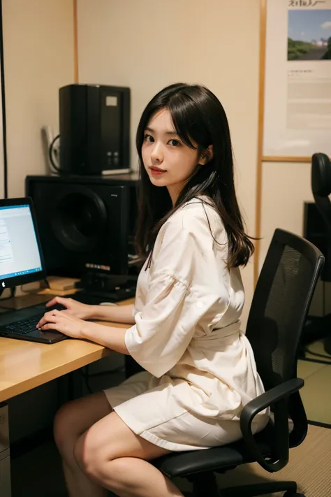 One girl sitting on an office chair，computers,(Japanese women:1.3),31 years old,Delicate,business women&#39;s clothing,(Jacket:1.1),(shirt:1.1),(Wrap skirt:1.1),jewelry,socks,stockings,Black Lens Stockings，It gives me goosebumps,Goose - meat，（Faithfulness：...