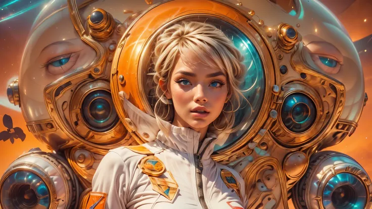 arafed image of a white woman in a futuristic suit with a spaceship in the background, movie art, in front of an orange background, inspired by Robert McGinnis, female protagonist, megastructure in the background, portrait of an ai astronaut, astronauts, a...