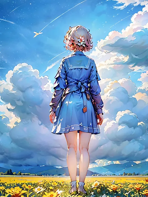 Alice in Wonderland, (Ribbon on head:1.1), Upper Body,There is a girl standing in a flower field looking up at the sky, Standing in a flower field少女, A girl walks through a flower field, Why not get lost in a fantastical wonderland?, Standing in a flower f...