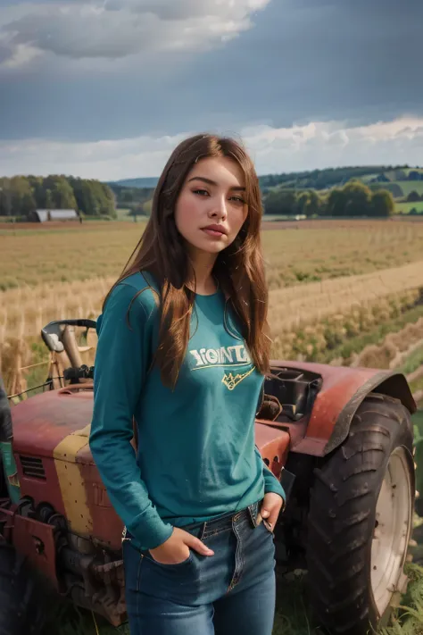 arafed woman standing in front of a tractor in a field, mid shot portrait, by Daniel Schultz, wearing farm clothes, on a farm, official product photo, mid portrait, promo shot, portrait sophie mudd, beautiful female, ( ( emma lindstrom ) ), profile picture...