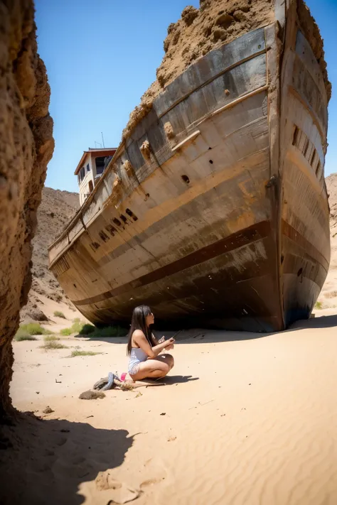 prospect:an extremely beautiful woman squatting in the desert in a swimsuit、kazuko yoshiyama,（break）background: boat anchored on...