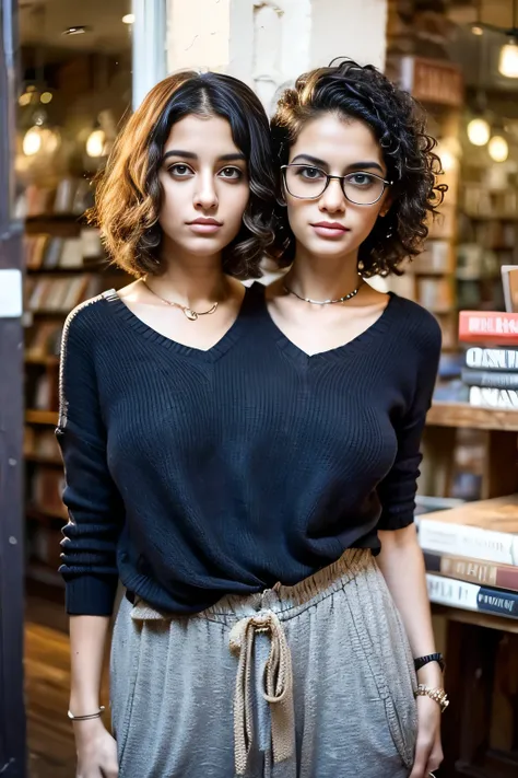 2heads, female couple, age 28, two heads on one body, one torso, hipsters, middle eastern, curly hair, hipster fashion, in bookstore,