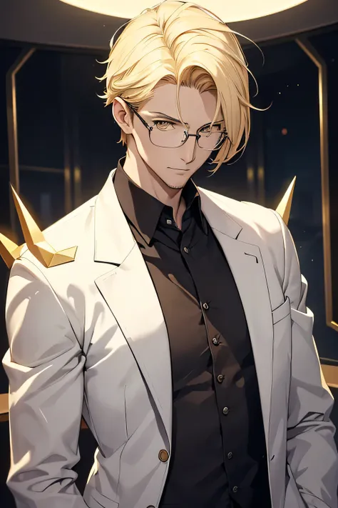 A tall man, 30 years old, with short blond hair adjusts his glasses and lab coat. He has yellow eyes and a sort of halo with sharp spikes floating over his head.