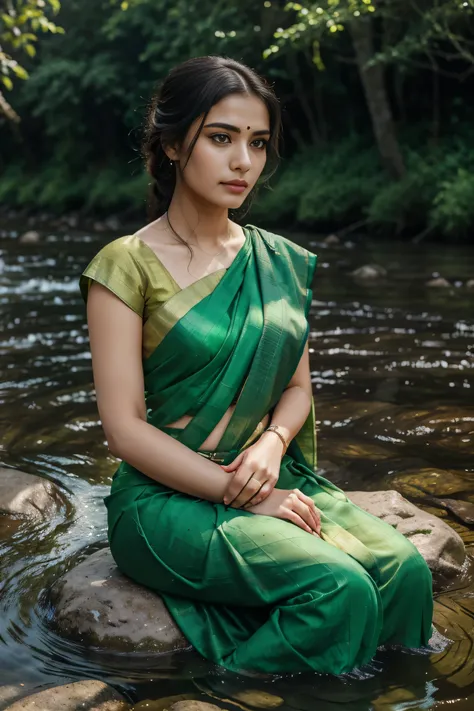 "Create the image of a stunning woman draped in a vibrant green saree, sitting gracefully on the peaceful riverbank. Your gaze is fixed on the gentle ripples of the water, lost in contemplation. With one hand gently supporting the chin, it embodies eleganc...