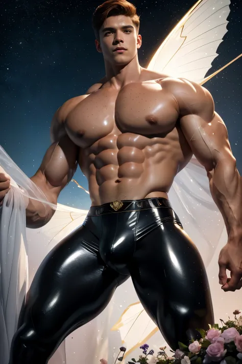 Sailor moon male version , dynamic pose ((muscle man , abs , 20 years old , big bulge , ginger , oil , freckles , short hair , Brown eyes , hair chest , wearing a black leggings in latex plastic)) in white  background (iridescent , lights , stars lights , ...