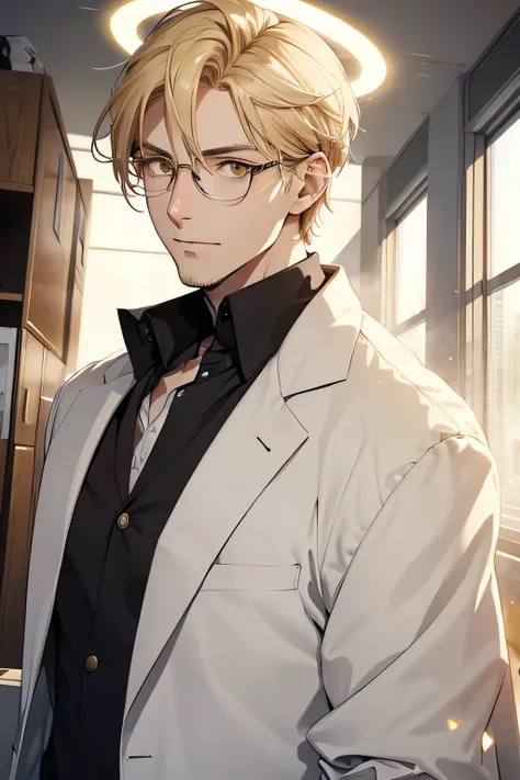 A tall man, 30 years old, with short blond hair adjusts his glasses and lab coat. He has yellow eyes and a sort of halo with sharp spikes floating over his head.