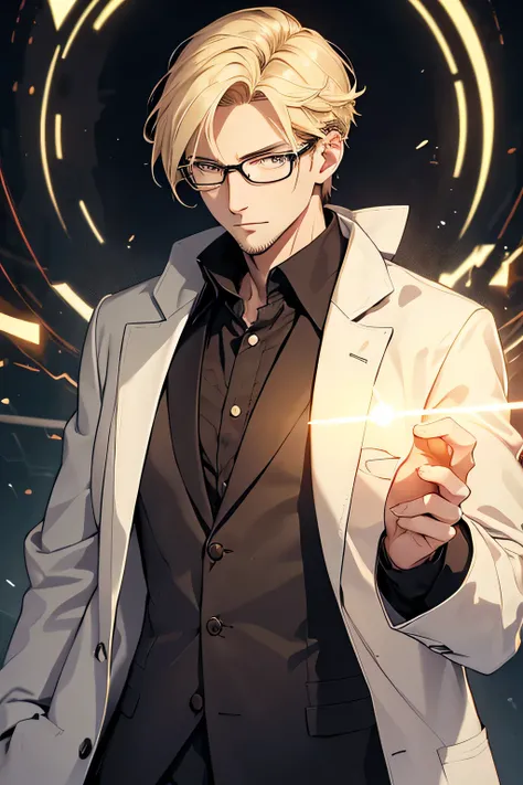 A tall man, 30 years old, with short blond hair adjusts his glasses and lab coat. He has yellow eyes and a sort of halo with sharp spikes floating over his head.