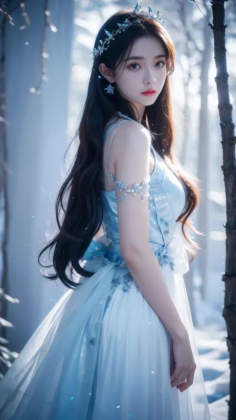 4K, UHD, masterpeice, 1 girl, good face, very long hair, ((white skin)), fairytale clothing, blue clothing, fujicolor, depth of field, ray tracing, ultra realistic detailes,