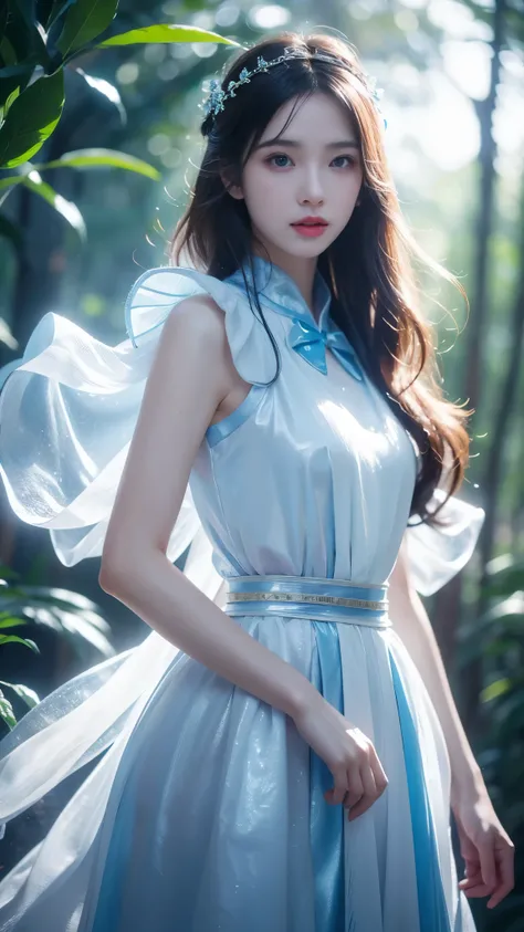 4K, UHD, masterpeice, 1 girl, good face, very long hair, ((white skin)), fairytale clothing, blue clothing, fujicolor, depth of field, ray tracing, ultra realistic detailes,