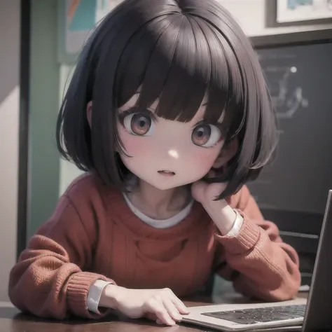 rafed  asian girl in a sweater looking at a computer screen, screenshot from a movie, the hime cut, still from a live action mov...