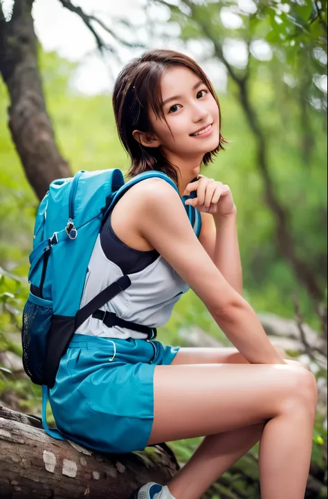 highest quality, (large backpack:1.3), one beautiful woman, (sitting on a fallen tree:1.3), ((masterpiece, highest quality, high...