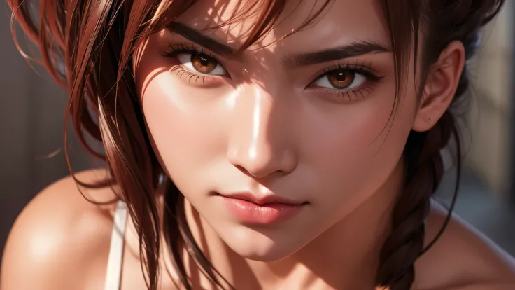 Immerse yourself in the world of game art with this visually diverse and creative half-length photo of a 20-year-old girl, featuring a close-up of her detailed eyes and large breasts.