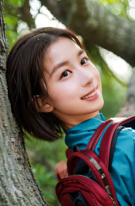 Highest quality, (Large backpack:1.3), One beautiful woman, (Touching a big tree:1.3), ((masterpiece, Highest quality, High resolution)), 1 Girl, smile, (Realistic: 1.4), (Great face and eyes:1.2), 17 years old, short hair, (Beautiful Hair:1.5), Climbing W...