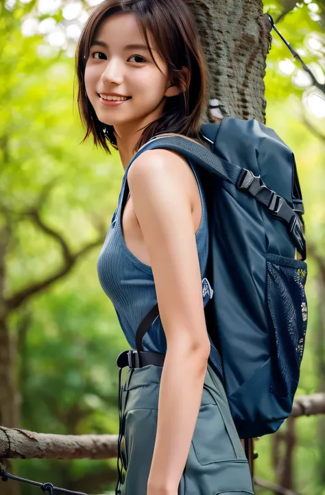 Highest quality, (Large backpack:1.3), One beautiful woman, (Touching a big tree:1.3), ((masterpiece, Highest quality, High resolution)), 1 Girl, smile, (Realistic: 1.4), Great face, 17 years old, short hair, (Beautiful Hair:1.5), Climbing Wear, The backgr...