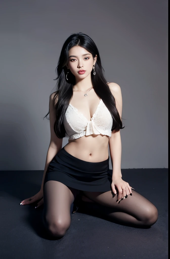 (masterpiece:1.3), (8 thousand, realistic, RAW photos, best quality: 1.4), (1 woman),(sheer silk blouse), (short skirt), (양 다리에 짙은색 realistic 팬티 스타킹 신고), (Stockings on both legs),(Wearing high heels on both feet), (Wearing high heels on both feet), (full b...