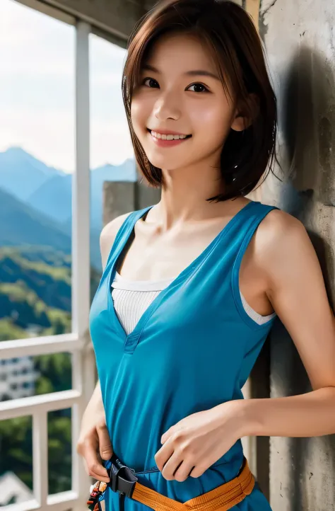 Highest quality, (Mountain Department:1.3), One beautiful woman, sunlight, ((masterpiece, Highest quality, High resolution)), 1 Girl, smile, (Realistic: 1.4), Great face, 17 years old, short hair, (Beautiful Hair:1.5), Climbing Wear, The background is the ...