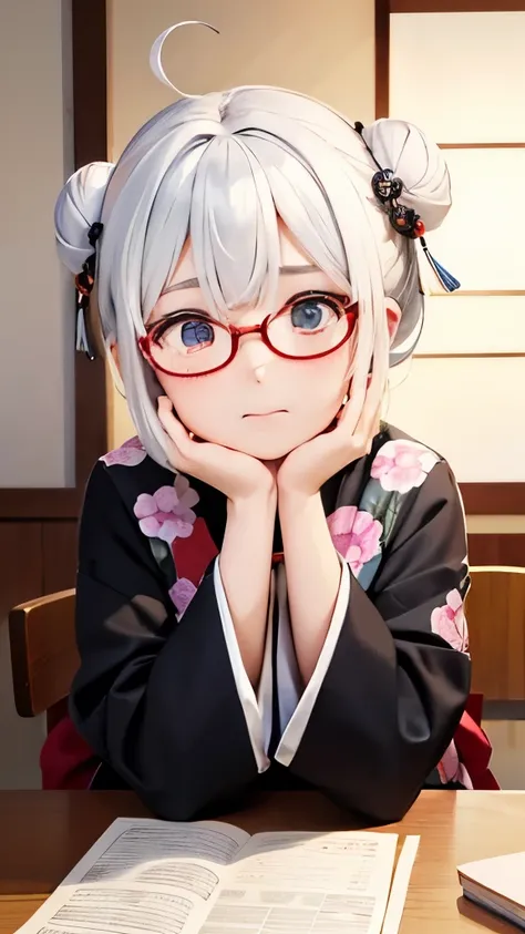 Cute old woman、60-year-old woman、One Woman、kimono、Kappo、White Hair、Japanese anime、comical、4 heads、Bun Hair、Round face、Round Glasses、Sit at a desk、front、fortune teller、Astrology、Depressed expression、