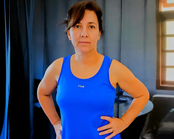 there is a woman standing in a room with a blue tank top, pilar, profile image, wearing fitness gear, by Gina Pellón, fit pic, magalie villeneuve, by Amelia Peláez, hunched shoulders, frontal pose, arms crossed on chest, magda torres gurza, sandra chevier,...