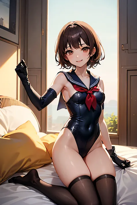 Highest quality, (masterpiece:1.2), Very detailed, 
One girl, alone,
View your viewers, smile, Medium chest, 
Brown eyes, Brown Hair, short hair, naked、((Thigh-high socks))、On the bed、((Sailor Warriors))、((Long gloves))、leotard、mini skirt