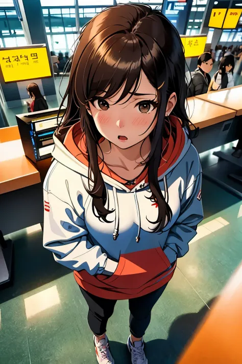 Korean nifty girl, (38 years old), in the airport, hoodie, worried expression, (from above view), (masterpiece, best quality, extremely detailed, hyper realistic) 