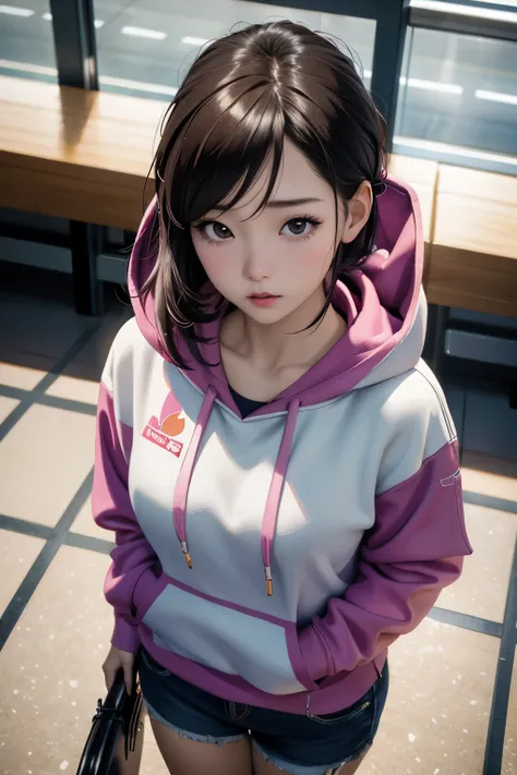 Korean nifty girl, (38 years old), in the airport, hoodie, worried expression, (from above view), (masterpiece, best quality, extremely detailed, hyper realistic) 