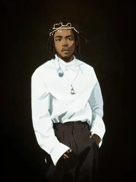 Subject: Kendrick Lamar 

Creative detailed descriptions: Wearing a white shirt and dark pants, this enigmatic character stands with their face hidden from view. A silver chain with a pendant hangs gracefully around their neck. Their posture exudes a sense...