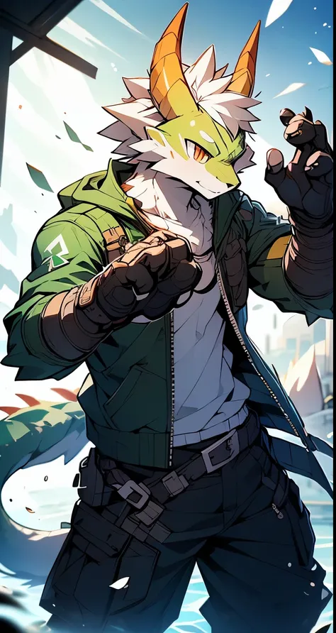 Masterpiece, Cool Pose, Furry yellow Dragon, Medium Strong Body, orange Eyes, grey Medium Hair, green jacket, Combat Gloves, Combat Pants, Fierce, Good looking 