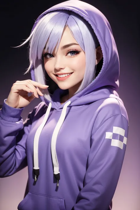 create a cartoon style minecraft skin smiling with a hoodie and purple eyes and white hair