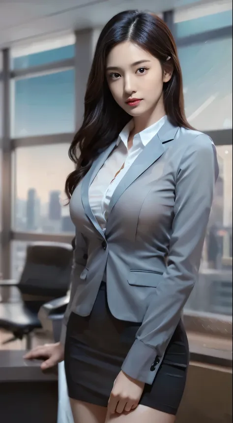 (smile)、I can see your pussy、(nipple look)、(translucent shirt:1.3)、(In 8K、highest quality、masterpiece:1.2)、(genuine、photogenuineistic:1.37)、Super detailed、1 girl、cute、Report、dark and beautiful sky、office、、(I can see your nipples:1.2)、 (perfect beautiful be...