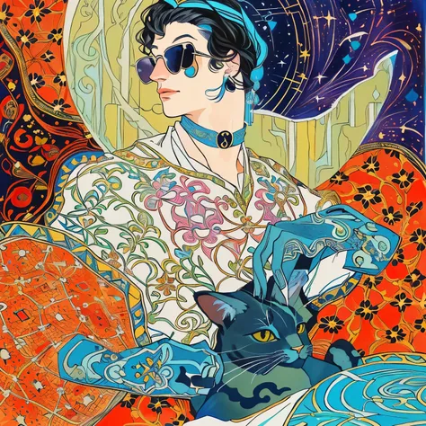 painting of a man with a cat and a moon, by Jessie Alexandra Dick, by Pál Balkay, by Silvia Pelissero, inspired by Victor Moscoso, by Barbara Balmer, by Zoran Mušič, by Kaja Foglio, by Zofia Stryjenska, by Alen Divis