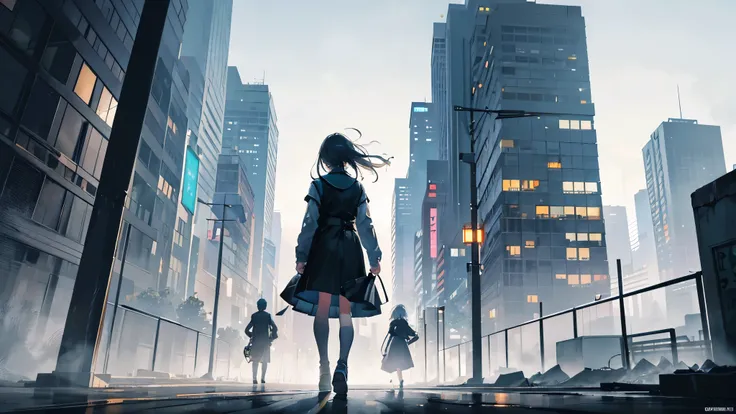 An anime cityscape drenched in gray, with sirens blaring in the distance. The scene captures a bustling city with voices of the restless echoing through the streets. Faces in the crowd are blurred and indistinct, symbolizing the anonymity of city life. In ...