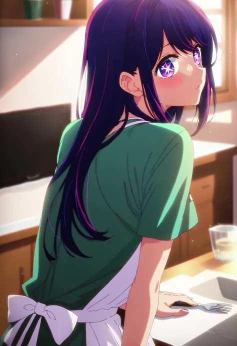 1girl, hoshinoai, solo, purple hair, purple eyes, long hair, star-shaped pupils, BREAK
green shirt, apron, BREAK
from behind, looking back, BREAK
score_9, score_8_up, score_7_up, score_6_up, anime,
(high quality, detailed, beautiful), shiny, detailed beaut...